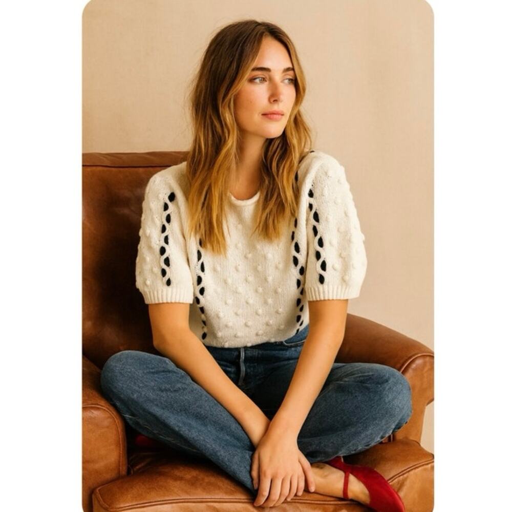 Vintage Hand Knit French Girl Preppy Coastal Short Sleeve Sweater With Pom Poms